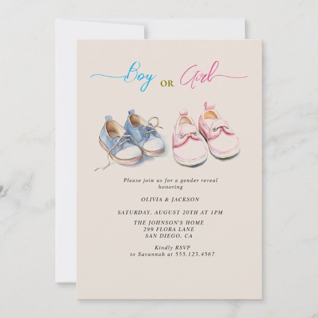Boy or Girl sneakers Beige Gender Reveal Party  Invitation (Front)