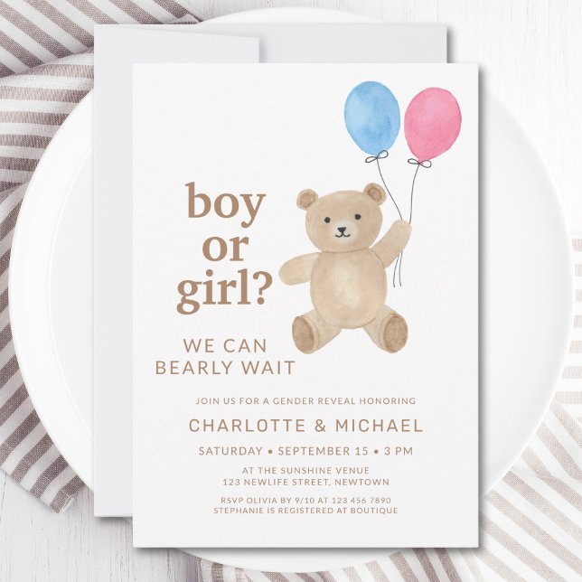 Boy Or Girl Teddy Bear Balloons Gender Reveal Invitation (Creator Uploaded)