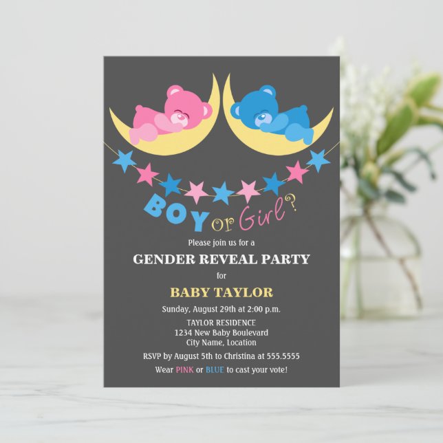 Boy Or Girl Teddy Bears Gender Reveal Party Invitation (Standing Front)