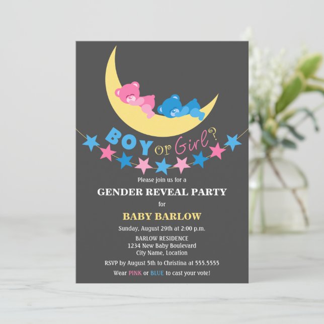 Boy Or Girl Teddy Bears Gender Reveal Party Invitation (Standing Front)