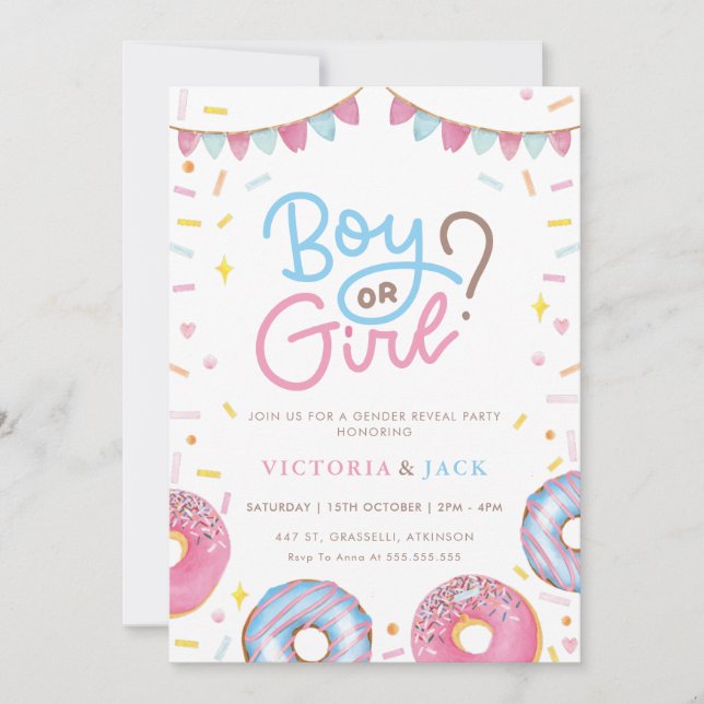 Boy or Girl Watercolor Doughnut gender reveal Invitation (Front)