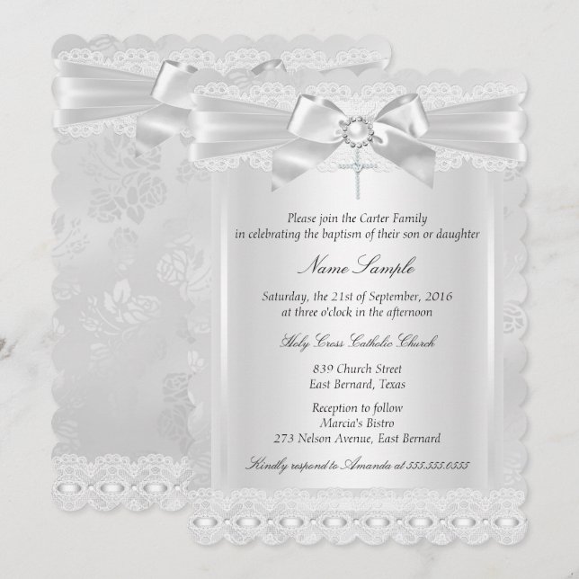 Boy or Girl White Lace Cross Baptism Christening Invitation (Front/Back)