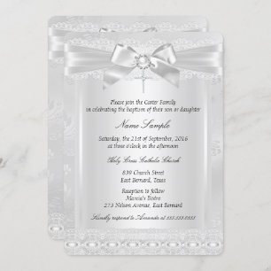 Boy or Girl White Lace Cross Baptism Christening Invitation
