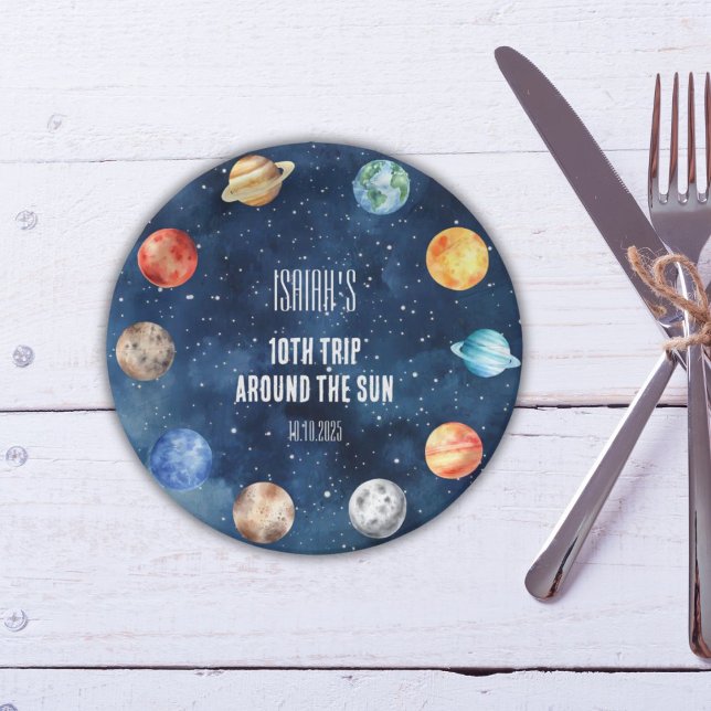 Boy Outer Space 10th Trip Around the Sun Birthday Paper Plate (Creator Uploaded)