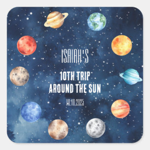 Boy Outer Space 10th Trip Around the Sun Birthday Square Sticker