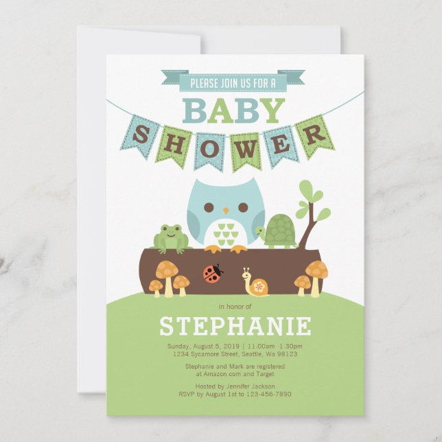 Boy Owl on Log with Friends Baby Shower Invitation (Front)