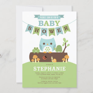 Boy Owl on Log with Friends Baby Shower Invitation