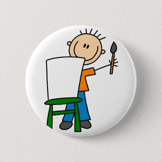 Boy Painting Stick Figure Button (Front)