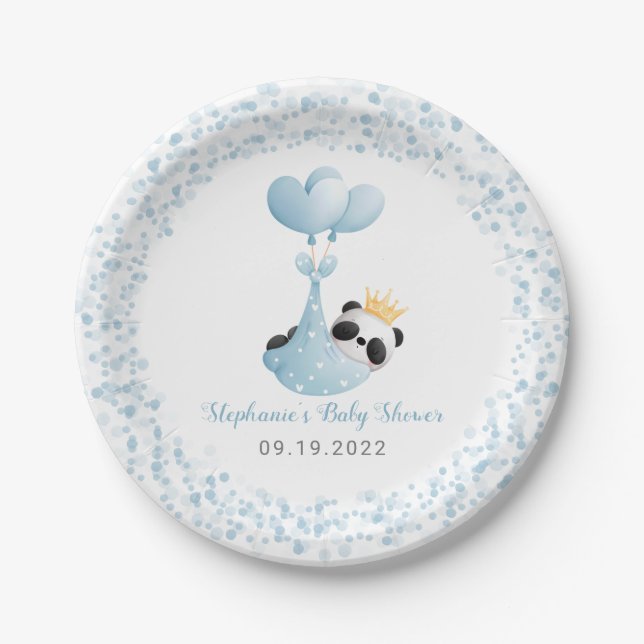Boy Panda `Bear Blue Balloon Baby Shower Paper Plate (Front)