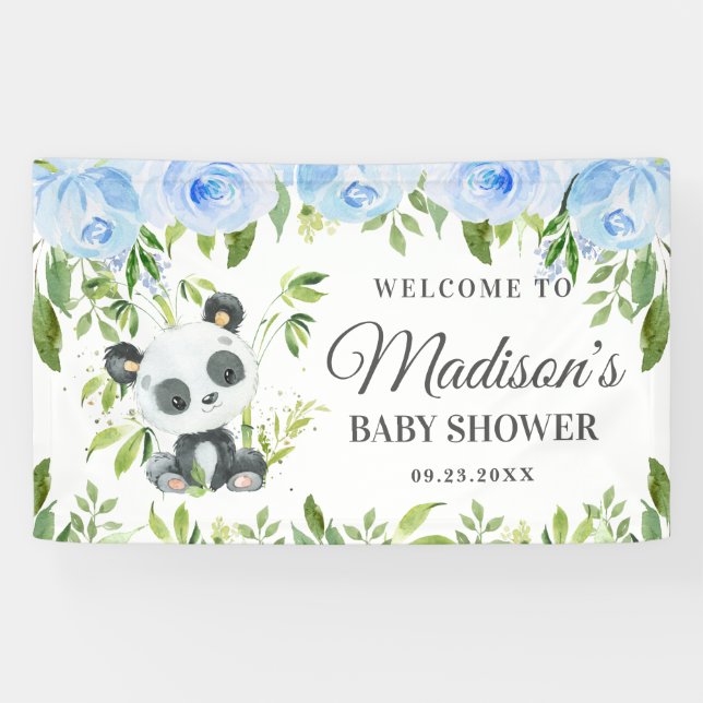 Boy Panda Blue Floral Greenery Bamboo Backdrop Banner (Horizontal)