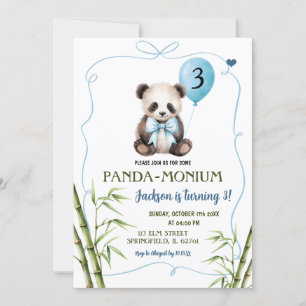 Boy Panda with Bow Blue Handdrawn Birthday Invitation
