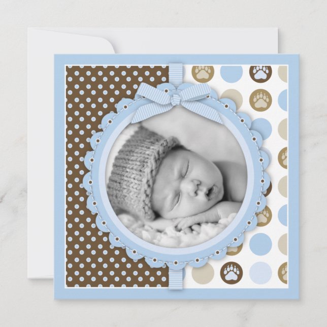 Boy Paw Print Polka Dots Birth Announcement Square (Front)