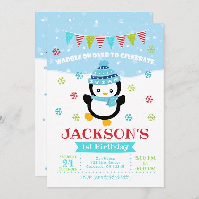 Boy Penguin Birthday Invitation / Waddle On Over (Front/Back)
