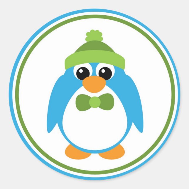 Boy Penguin in Blue and Green Classic Round Sticker (Front)