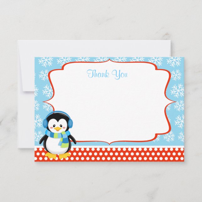 Boy Penguin Winter Snowflake Thank You Cards (Front)