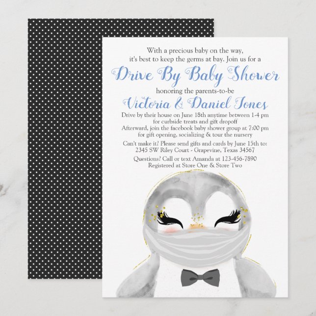 Boy Penguin with Mask Drive By Baby Shower Invitation (Front/Back)