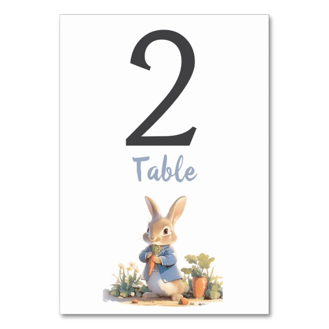 Boy Peter The Rabbit Classic Blue Baby Shower Table Number (Front)