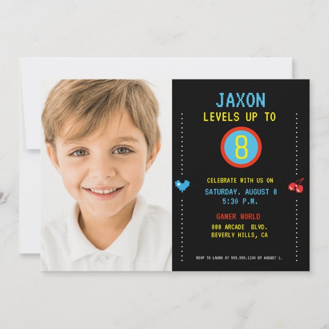 Boy Photo Arcade level up video games birthday Invitation (Front)