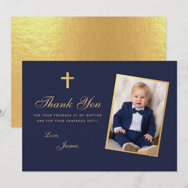 Boy Photo Baptism Faux Gold Foil Navy Blue Script Thank You Card (Front/Back)