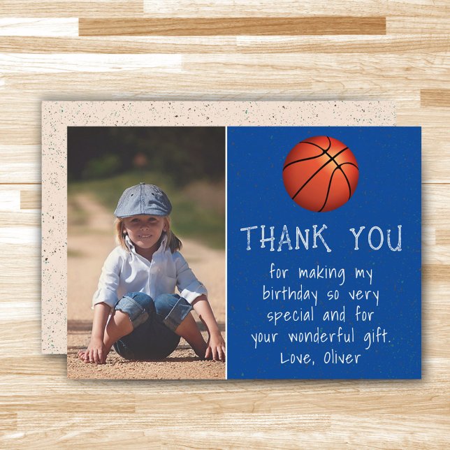 Boy Photo Basketball Ball Kid's Birthday  Thank You Card (Creator Uploaded)