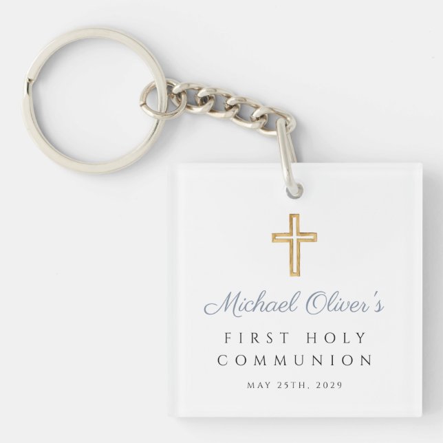 Boy Photo Blue First Communion  Key Ring (Front)
