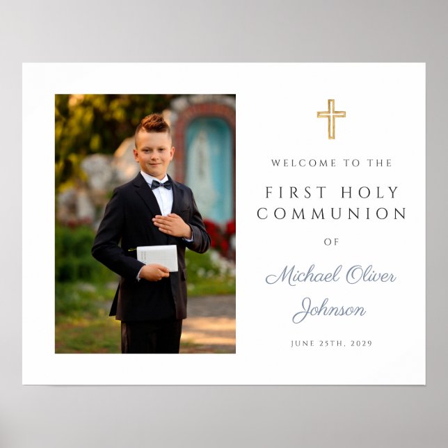 Boy Photo First Communion Dusty Blue Welcome Poster (Front)