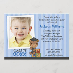 Boy Photo Graduation Bear Blue Stripes Invitation