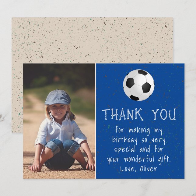 Boy Photo Soccer Ball Kid's Birthday  Thank You Card (Front/Back)