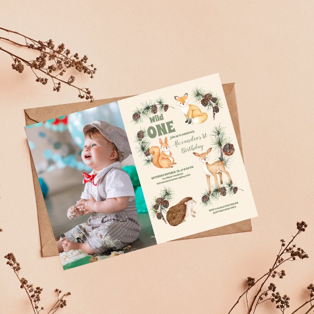 Boy Photo Woodland Animals 1st Birthday Invitation (Creator Uploaded)