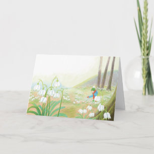 Boy Picking Spring Snowflakes Illustration Card