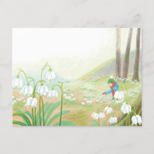 Boy Picking Spring Snowflakes Illustration  Holiday Postcard