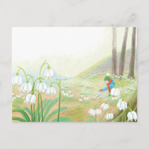 Boy Picking Spring Snowflakes Illustration Holiday Postcard