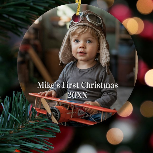 Boy Pilot Aeroplane Aviation Cute Photo Christmas Ceramic Tree Decoration (Creator Uploaded)