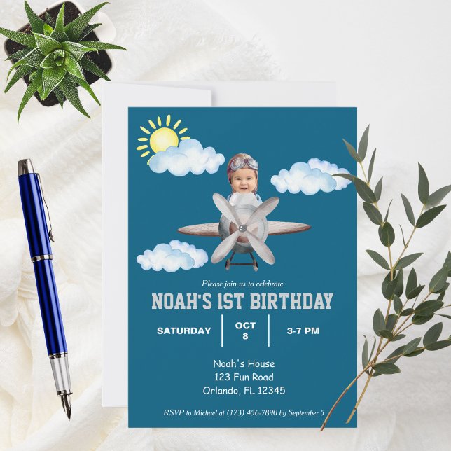 Boy Pilot, Aeroplane & Cloud,Photo First Birthday  Invitation (Creator Uploaded)