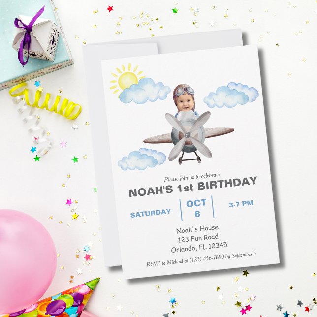 Boy Pilot, Aeroplane & Cloud,Photo First Birthday  Invitation (Creator Uploaded)