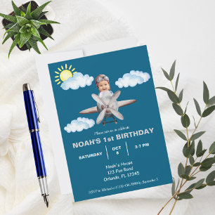 Boy Pilot, Airplane & Cloud,Photo First Birthday  Invitation