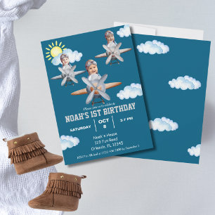 Boy Pilot, Airplane & Cloud,Photo First Birthday Invitation