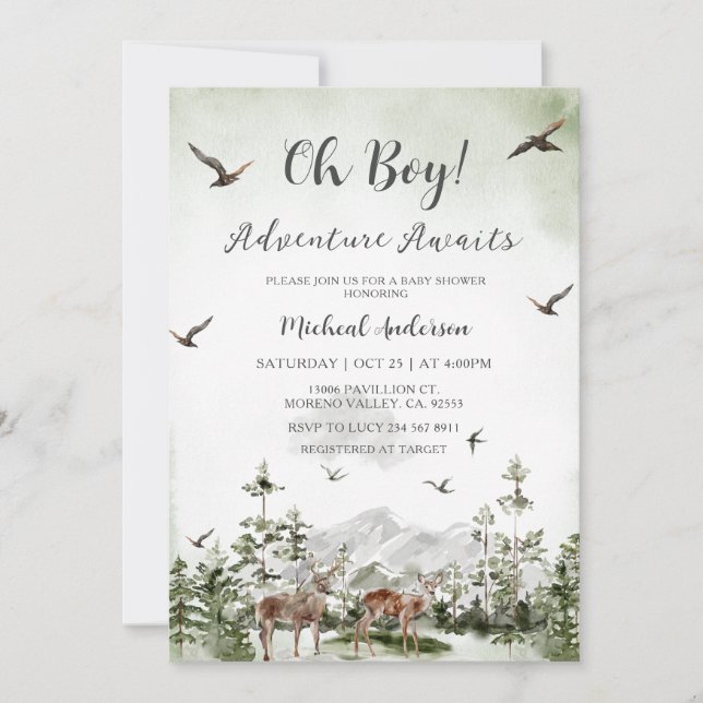 Boy Pine Tree Deer Forest Mountain Baby Shower  Invitation (Front)