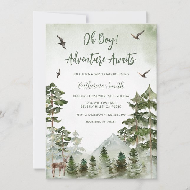 Boy Pine Tree Deer Mountain Forest Baby Shower  Invitation (Front)