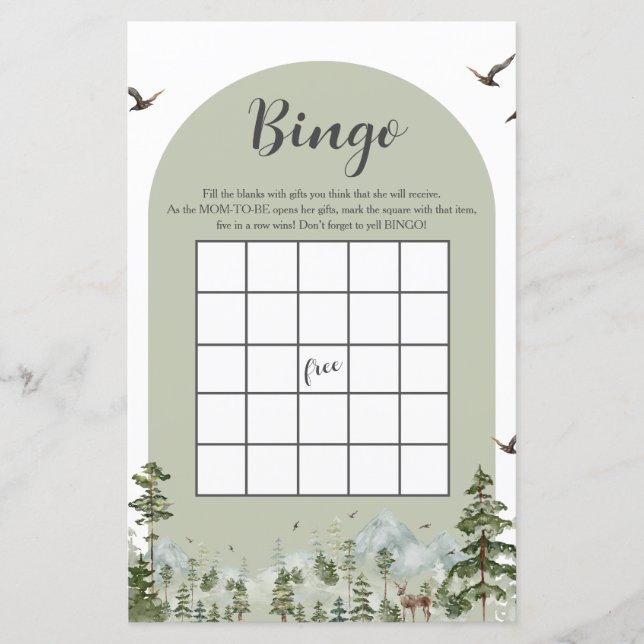 Boy Pine Tree Forest Mountain Baby Shower Bingo (Front)