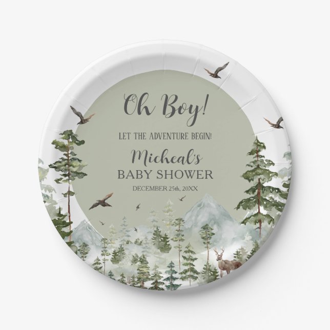 Boy Pine Tree Forest Mountain Baby Shower Paper Plate (Front)