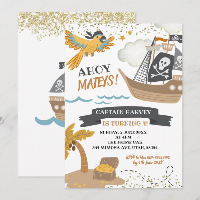 Boy Pirates Birthday Invitation (Front/Back)