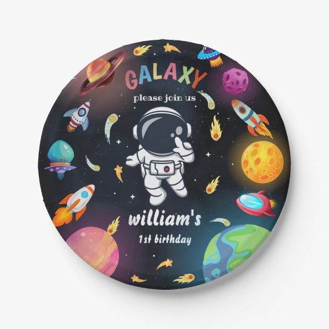 Boy Planet Alien Stars Space galaxy 1st Birthday Paper Plate (Front)