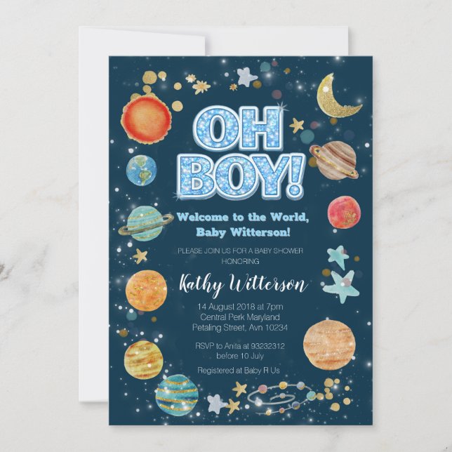 Boy Planets Outer Space Baby Shower Invitation (Front)