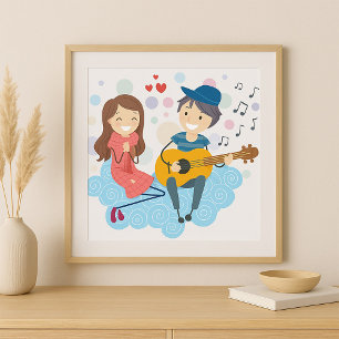 Boy Playing Guitar for Girl Love and Music  Poster