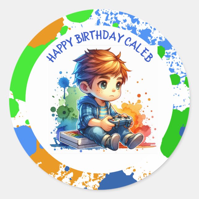 Boy Playing Video Games Personalised Birthday Classic Round Sticker (Front)