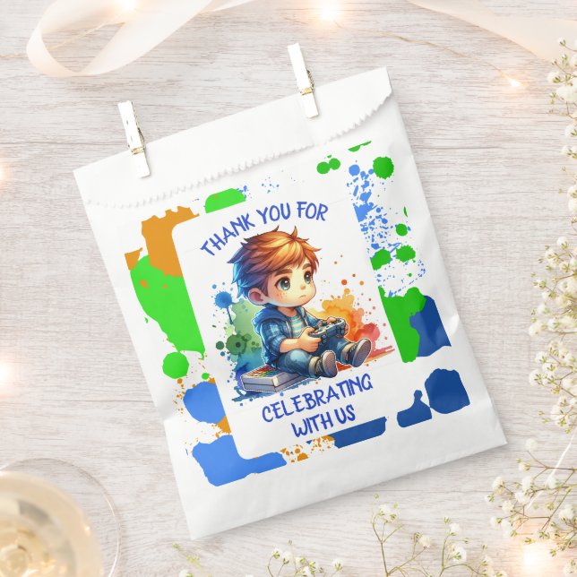 Boy Playing Video Games Personalised Birthday Favour Bags (Clipped)