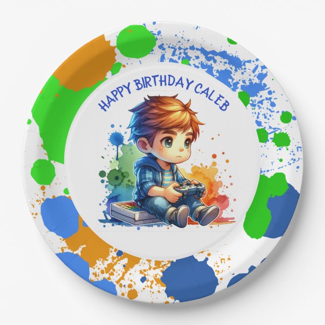 Boy Playing Video Games Personalised Birthday Paper Plate (Front)
