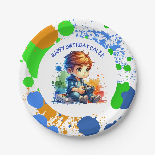 Boy Playing Video Games Personalised Birthday Paper Plate (Front)