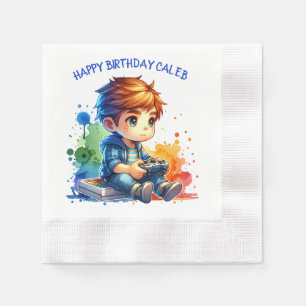 Boy Playing Video Games Personalized Birthday Napkin